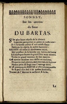 Sonnet, Sur les œuvres due Sieur Du Bartas.