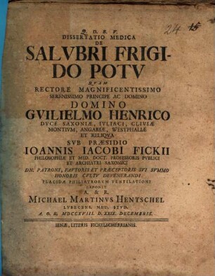 Dissertatio Medica De Salvbri Frigido Potv