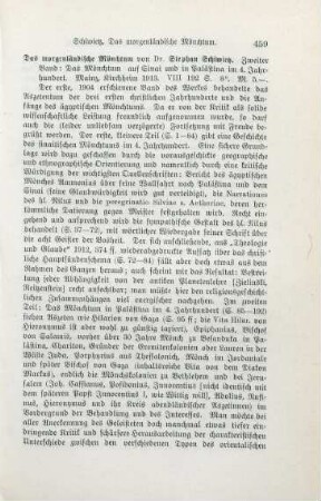459-460 [Rezension] Schiwietz, Stephan, Das Mönchtum auf Sinai und in Palästina im vierten Jahrhundert