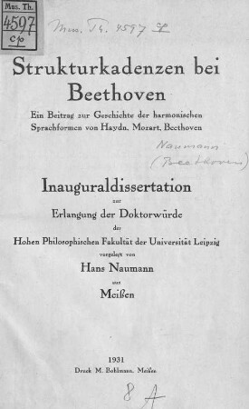 Strukturkadenzen bei Beethoven : ein Beitrag zur Geschichte der harmonischen Sprachformen von Haydn, Mozart, Beethoven