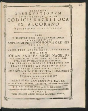Specimen Observationum Ad Illustranda Quaedam Codicis Sacri Loca Ex Alcorano Potissimum Collectarum