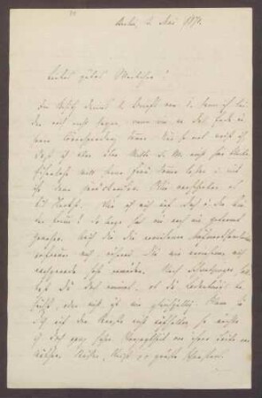 Schreiben von Moritz Ellstätter, Berlin, an seine Frau Marie: - Reisepläne - Kontakte zu Eisenlohrs, Ladenburgs und [Carl] Reiß - Theater - Diners mit [Julius] Jolly, [Gustav] Scheidtmann, Heymann - Einladung zum Diner bei [Otto von] Bismarck - Ordensverleihungen - Sitzungspläne - Privates