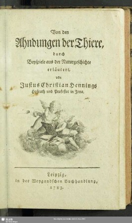 Von den Ahndungen der Thiere : durch Beyspiele der Naturgeschichte erläutert
