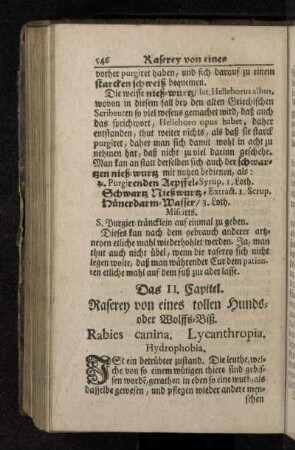 Das II. Capitel. Raserey von eines tollen Hunds- oder Wolffs-Biß. Rabies canina. Lycanthropia. Hydrophobia.