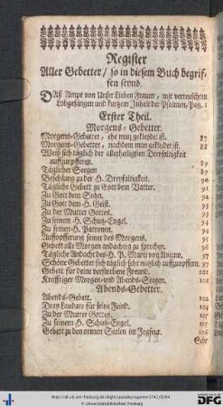 Register aller Gebetter, so in diesem Buch begriffen seynd.