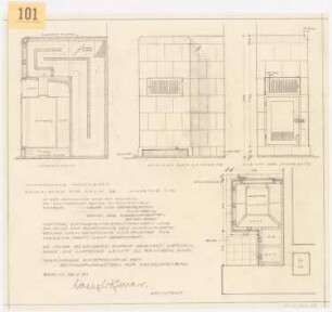 Herrenhaus Hohenborn bei Kassel Umbau: Kachelofen für Raum 28: Grundriss, Ansichten, Längsschnitt 1:10