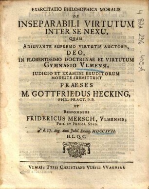 Exercitatio Philosophica Moralis De Inseparabili Virtutum Inter Se Nexu