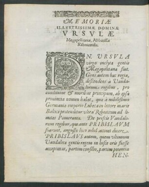 Memoriae Illustrissimae Dominae Ursulae Megapolitanae, Abbatissae Ribnicensis.