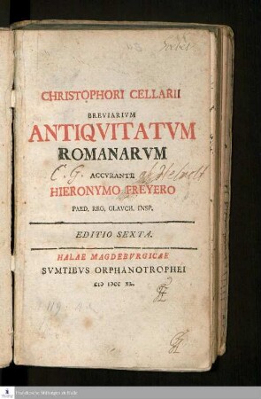 Christophori Cellarii Breviarivm Antiqvitatvm Romanarvm