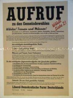 Maueranschlag mit einem Aufruf der LDP zu den Gemeindewahlen 1946