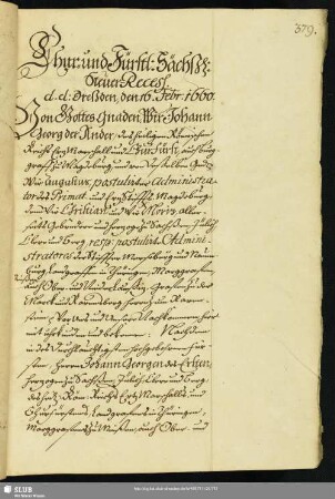Chur- u. Fürstl: Sächß: Steuer-Receß d. d. Dreßden, d. 16. Febr. 1660