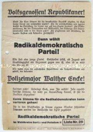 Propagandaflugblatt der Radikaldemokratischen Partei