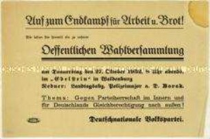 Ankündigung einer Versammlung der Deutschnationalen Volkspartei am 27. Oktober 1932 in Waldenburg zur bevorstehenden Reichstagswahl