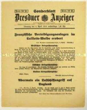 Nachrichtenblatt des "Dresdner Anzeiger" mit verschiedenen militärischen Kurzmeldungen zum Kriegsgeschehen