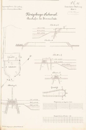 Königsberger Seekanal. Bauhafen, Zimmerbude: Lageplan 1:2000, Grundriss, Schnitte 1:100