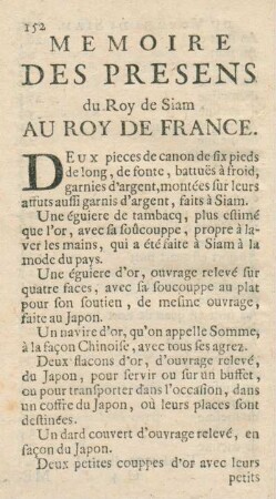 Memoire des Presens du Roy de Siam au Roy de France