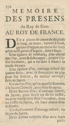Memoire des Presens du Roy de Siam au Roy de France