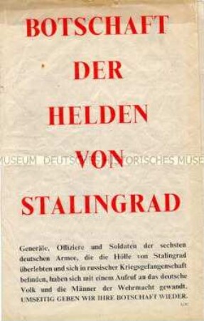 Anglo-amerikanische Abwurf-Flugschrift mit einem Aufruf deutscher Generäle und Offiziere nach der Niederlage bei Stalingrad