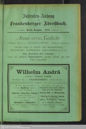 Anzeigen : Inseraten-Anhang zum Frankenberger Adreßbuch