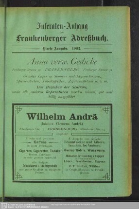 Anzeigen : Inseraten-Anhang zum Frankenberger Adreßbuch