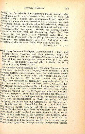 255-256 [Rezension] Newman, John Henry, Predigten; Bd. 2 : 1, Pfarr- und Volkspredigten