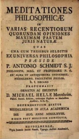 Meditationes philosophicae in varias recentiorum quorundam opiniones