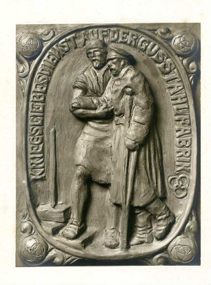 Entwurf für das Relief "Kriegsliebesdienst auf der Gusstahuhabrik" : Entwurf für das Relief "Kriegsliebesdienst auf der Gusstahuhabrik". Gips, getönt (wohl um 1914/1918; C. Brose)