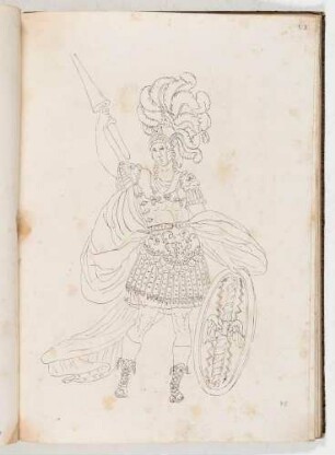 Krieger im Prunkharnisch mit Lanze und Schild, in einem Band mit Antikischen Figurinen und Pferdedekorationen, Bl. 23