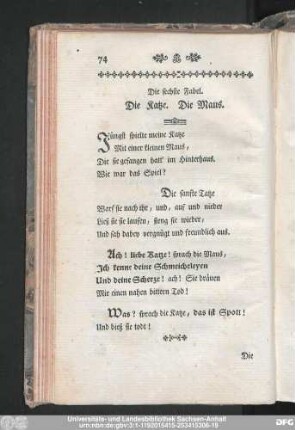 Der sechste Fabel. Die Katze. Die Maus.