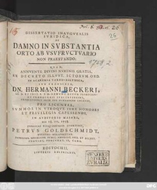 Dissertatio Inavgvralis Ivridica, De Damno In Svbstantia Orto Ab Vsvfrvctvario Non Praestando