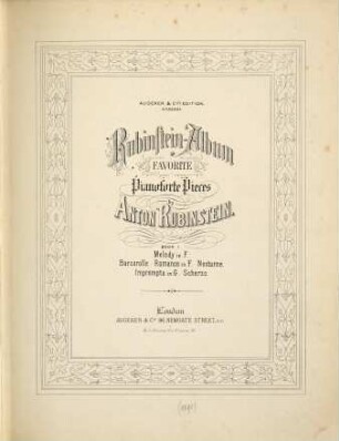 Album : favorite pianoforte pieces, Vol. 1. Melody in F. Barcarolle. Romance in F. Nocturne. Impromptu in G. Scherzo