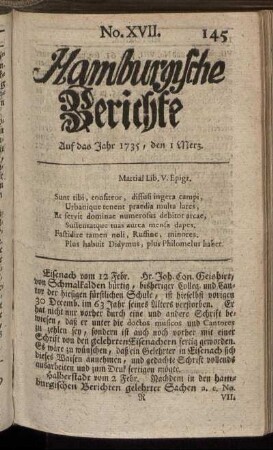 No. XVII. Auf das Jahr 1735, den 1 Merz. - No. XXV. Auf das Jahr 1735, den 28 Merz.