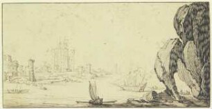 Seehafen mit Schiffen, rechts ein großer Felsen