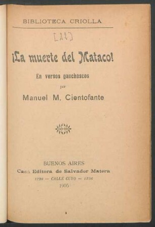 ¡La muerte del mataco! : en versos gauchescos