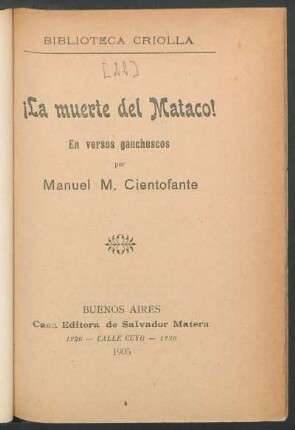 ¡La muerte del mataco! : en versos gauchescos
