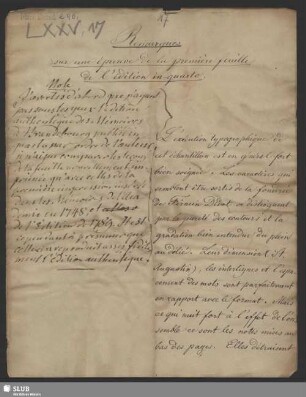 17: Remarques sur une èpreuve de la première feuille de l'édition in quarto.