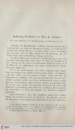 1: Erzherzog Ferdinand von Tirol als Architect : mit einem Rückblick auf die Kunstbestrebungen der Habsburger in Tirol$dDr. David Schönherr, Innsbruck