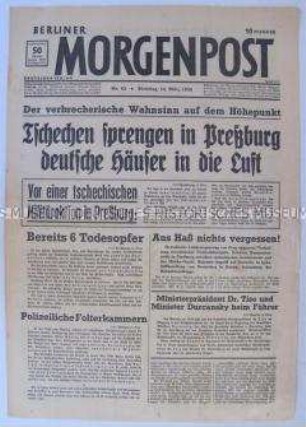 Tageszeitung "Berliner Morgenpost" zur Lage in der Tschechoslowakei vor der Annexion Tschechiens