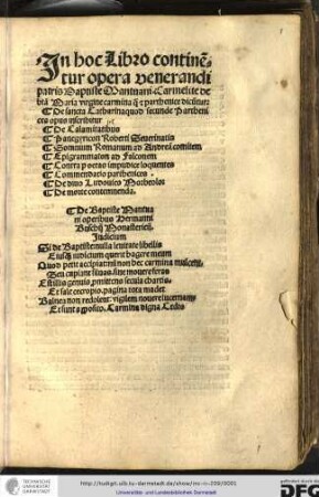 In hoc libro continentur opera venerandi patris Baptiste Mantuani Carmelite de beata Maria virgine...