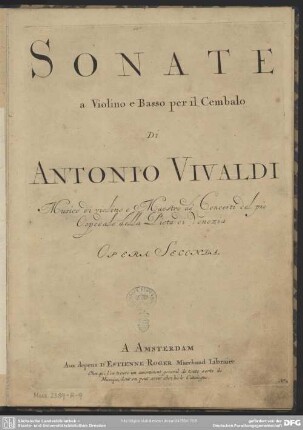 Sonate a violino e basso per il cembalo : Opera Seconda