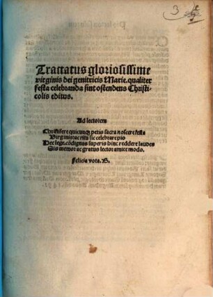 Tractatus gloriosissimae V. Mariae, qualiter festu celebranda sint, ostendens