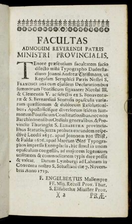 Facultas Admodum Reverendi Patris Ministri Provincialis.