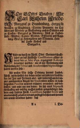 Hoch-Fürstl. Brandenburg-Onolzbachische Erneuerte und vermehrte Stipendiaten-Ordnung : Onolzbach, den 28. May 1737