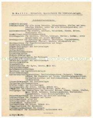 Liste über Maschinen der Fabrik M. Martin