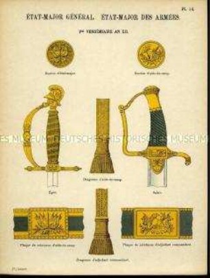 Uniformdarstellung, Detailstudien von Uniformknöpfen, Degen- und Säbelgriffen, Schärpentroddeln und Schnallen verschiedener Adjutanten und Offiziere des Generalstabs, Frankreich, 1803.