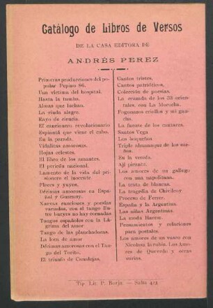 Catálogo de libros en versos de la casa editora de Andrés Pérez