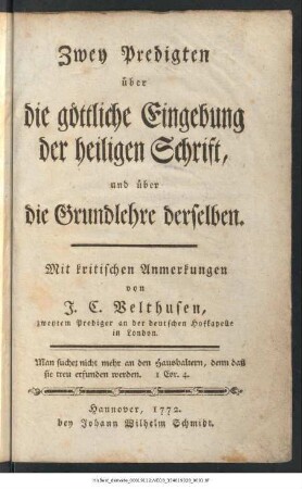 Zwey Predigten über die göttliche Eingebung der heiligen Schrift, und über die Grundlehre derselben
