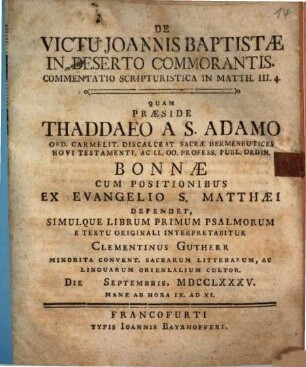 De victu Joannis Baptistae in deserto commorantis : Commentatio scripturistica in Matth. III,4.