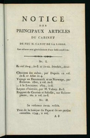 5-40, Notice des Principaux Articles du Cabinet de Feu M. Canot de la Lobbe