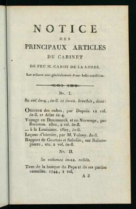 5-40, Notice des Principaux Articles du Cabinet de Feu M. Canot de la Lobbe